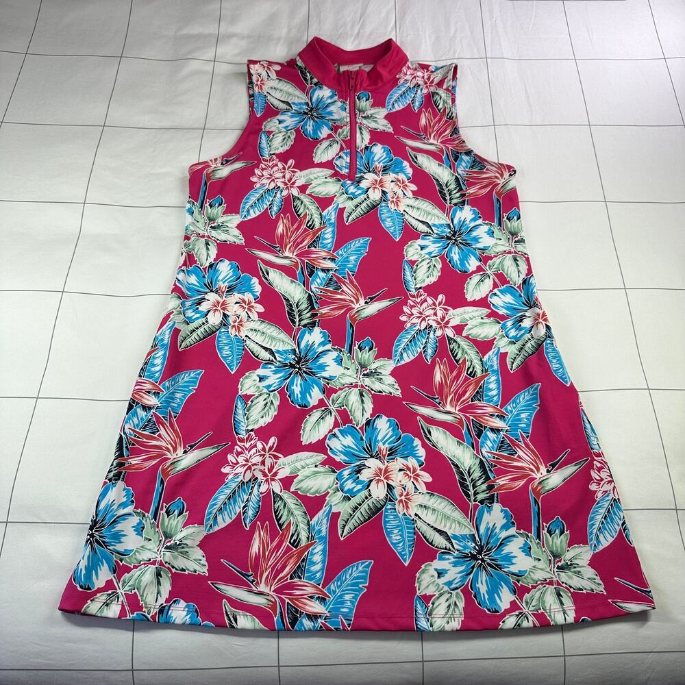 Tommy Bahama Golf Dress Womens XL Pink Blue Floral Tropical Sleeveless Athletic